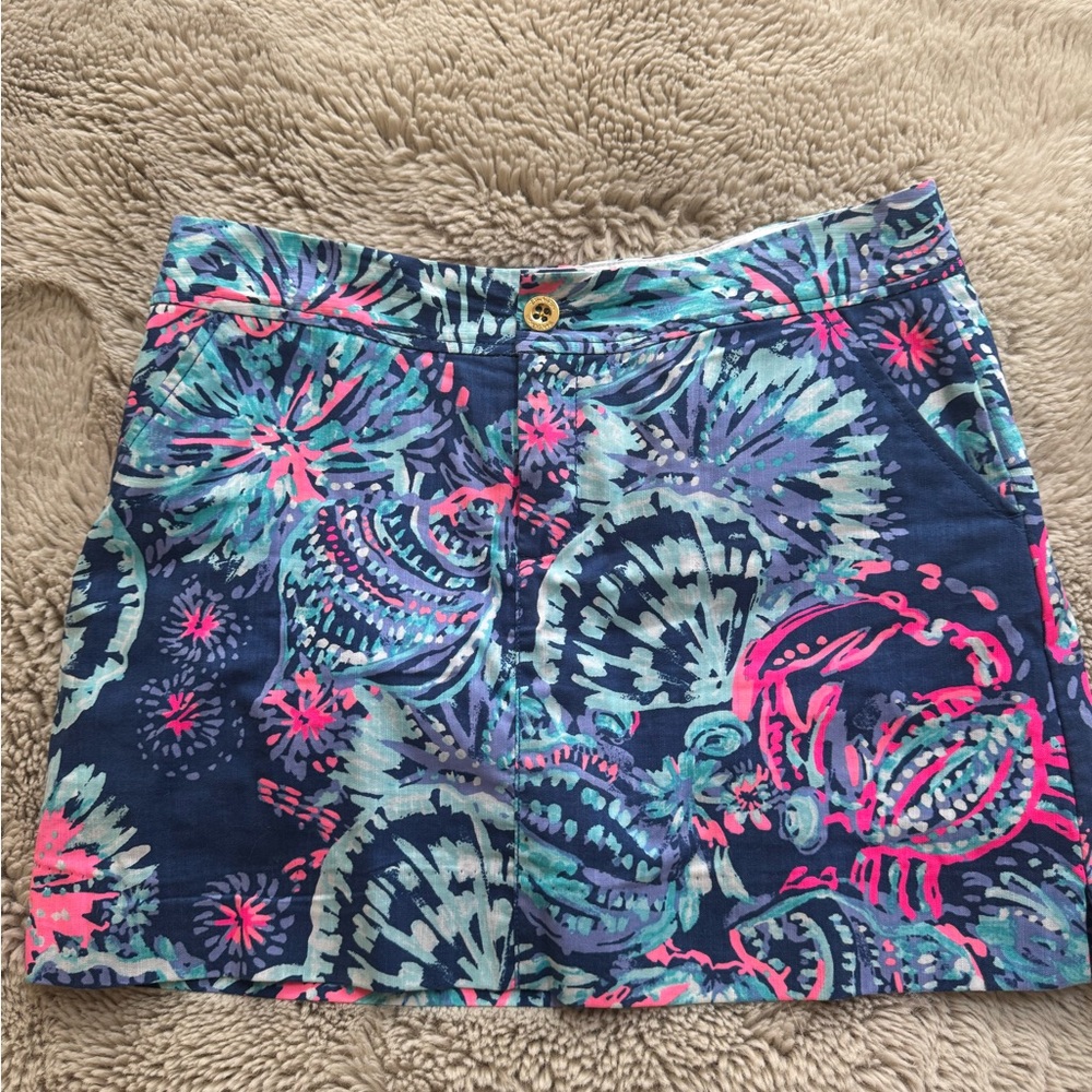 Lilly Pulitzer Navy Floral Print Cotton Mini Skirt with Pink & Teal Accents